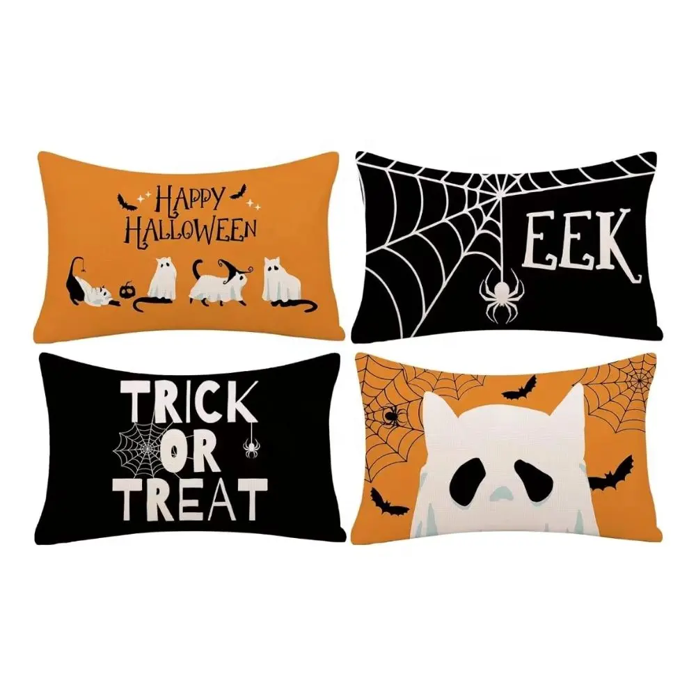 Funda de almohada de Halloween, Juego de 4 fundas de cojín de tela de araña de gato fantasma, funda de cojín de truco o trato para la decoración del sofá del hogar