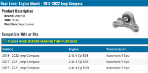 Soporte Inferior Trasero del Motor 68253048AB 3576 para JEEP <span class=keywords><strong>Compass</strong></span> 2017-2021 2.4L, Soporte Aislante de Vibraciones de Goma y Aluminio Duradero - Product Image 5