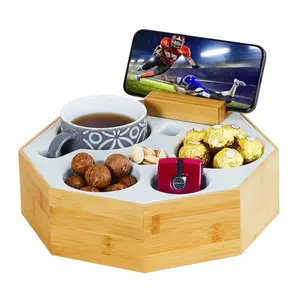 Snack Drink Remote Couch Caddy Storage Organizer With Rotatable Phone Holder Silicone Bamboo Sofa Couch Cup Holder Tray