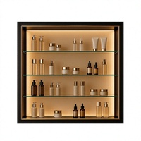 Vitrine cosmétique murale rétroéclairée en verre noir mat et or avec étagères en verre
