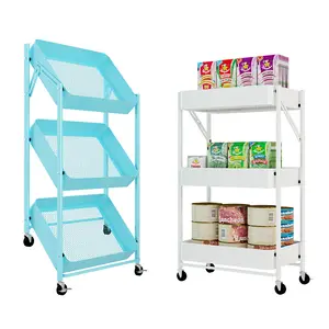 Carrito de metal de 3 niveles, carritos plegables de utilidad para baño, cocina, cestas plegables de almacenamiento de frutas con 4 ruedas