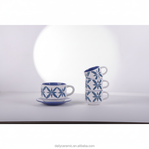 Wholesale Custom Logo Blue Decal Ceramic Coffee Cup and Saucer Set Stoneware Stacking Tea Mug Restaurant Tableware FDA Safe