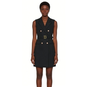 Robe mini formelle sans manches pour femme, unie, à taille naturelle, boutonnée, imprimée numériquement, à double boutonnage, avec ceinture, tendance - Product Image 3