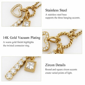 Heart Square <b>Charm</b> Necklace Stainless Steel Zircon <b>Graduated</b> Drop Curb Chain Gold and Silver Color Options - Product Image 3