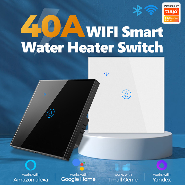40A Tuya WiFi Smart Touch Wall Switch Water Heater Boiler Air Conditioner Light APP Remote Control Works with Alexa Google Home
