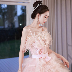 Pink Halter Neck Tulle Wedding Dress Empire Waist Ball Gown Princess Style Cake Skirt Elegant Banquet Dress - Product Image 2