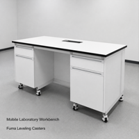 Banc de laboratoire mobile en acier et bois avec roulettes de nivellement Fuma, armoire à tiroirs et module d'alimentation intégré pour usage scolaire, hospitalier et en atelier