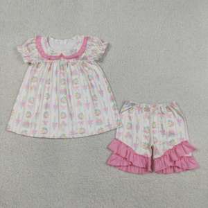 GSSO3445 rts ชุดเด็กผู้หญิงลายดอกไม้สีชมพู ชุดขายส่งสำหรับเด็ก ชุดแขนสั้นเด็กผู้หญิง - Product Image 1