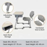 Ensemble bureau et chaise d'étudiant moderne et réglable avec siège ventilé, rangement pour livres et réglage en hauteur pour salle de classe