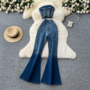 Conjuntos básicos de verano para <span class=keywords><strong>mujer</strong></span>, Top de tubo sin mangas y pantalones de mezclilla de cintura alta, conjunto de Ropa al por mayor - Product Image 4
