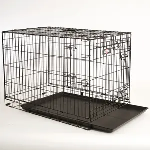 Vente en gros de cages pliantes durables à double porte noires pour animaux de compagnie, cage pliable pour chien, caisse pliable en métal pour l'extérieur
