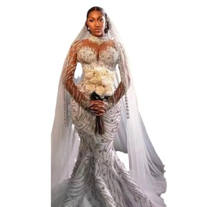 S1315R 2026 Bridal Lace Long Simple Extra Long Slim Beaded Fishtail Fashion Mermaid Wedding Dress - Product Image 3