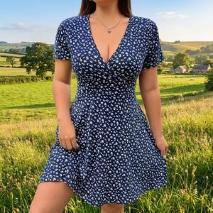 Vestido Maxi Floral Elegante con Cuello en V y Cintura Ajustada <span class=keywords><strong>Tallas</strong></span> <span class=keywords><strong>Grandes</strong></span> Estilo Europeo Americano Verano 2026 Novedad Venta al por Mayor Estilo Transfronterizo - Product Image 1