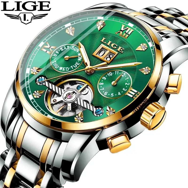 Lige — montre automatique pour hommes, mécanique, design diamant Chrono, étanche, bijou de luxe avec Tourbillon, 2021 9909