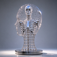 Sculpture de buste de squelette humain en fil d'acier inoxydable poli miroir