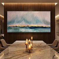 Peinture à l'huile sur toile abstraite de paysage de montagne bleue, personnalisable, grand format, avec cadre sur mesure, dorure à la feuille d'or et peinture à la main de luxe