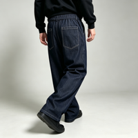 Pantalon en jean confortable pour homme, coupe large, plissé, avec surpiqûres contrastées, couleur indigo foncé, OEM ODM, vente en gros personnalisée