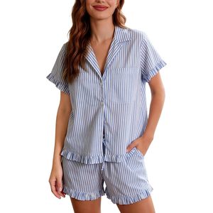 Womens Striped <b>Pajama</b> <b>Set</b> Cotton 2 Piece Short Sleeve Ruffle Shirt Shorts Sleepwear Loungewear - Product Image 1