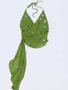 เสื้อคลุมไหล่แบบผูกคอ คอวีลึก แขนกุด สีเขียว ประดับเลื่อม สำหรับผู้หญิง สไตล์โบฮีเมียน เหมาะสำหรับวันพักผ่อน ทรงหลวม ผ้าคลุมไหล่แบบไม่สมมาตร - Product Image 3