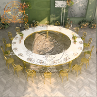 Table à manger antique ronde demi-lune en verre clair à base d'acier inoxydable blanc pour 12 personnes