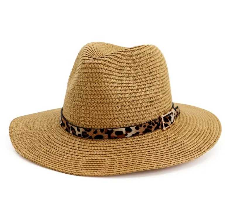 Vrouwen Meisjes Leuke Straw Wide Brim Panama Hoed Met Leopard Band En Gouden Riem