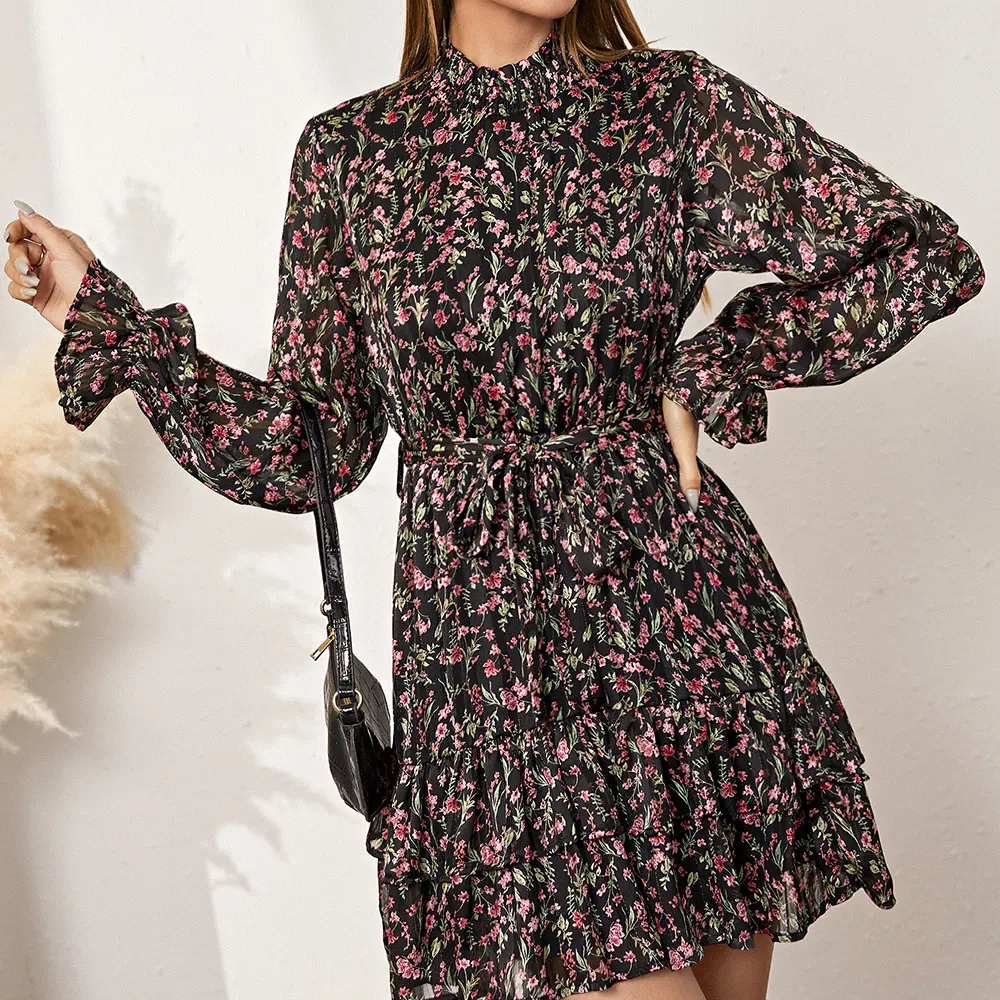 2022 New Collection Women Dress Long Sleeves Vintage Mini Dress Neck Smocking Floral Printed Chiffon Dress