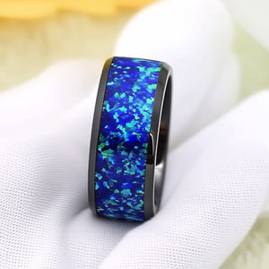 Bague de mariage 8 mm en carbure de tungstène noir bombé avec incrustation d'<span class=keywords><strong>opale</strong></span> bleue écrasée, alliance, bague de promesse pour homme, femme, unisexe - Product Image 4