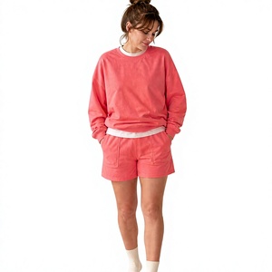 Conjunto de Sudadera y Pantalones Cortos de Algodón Lavado Estilo Vintage para Mujer, Conjunto Informal de Dos Piezas, Ropa de Estar por Casa, Etiqueta Privada Personalizada - Product Image 1