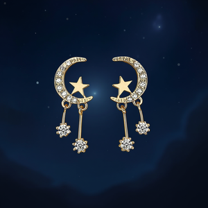 Boucles d'oreilles pendantes étoile et lune E1470 en or, serties de cristaux et strass, bijoux de mode pour femme, style cadeau romantique - Product Image 2