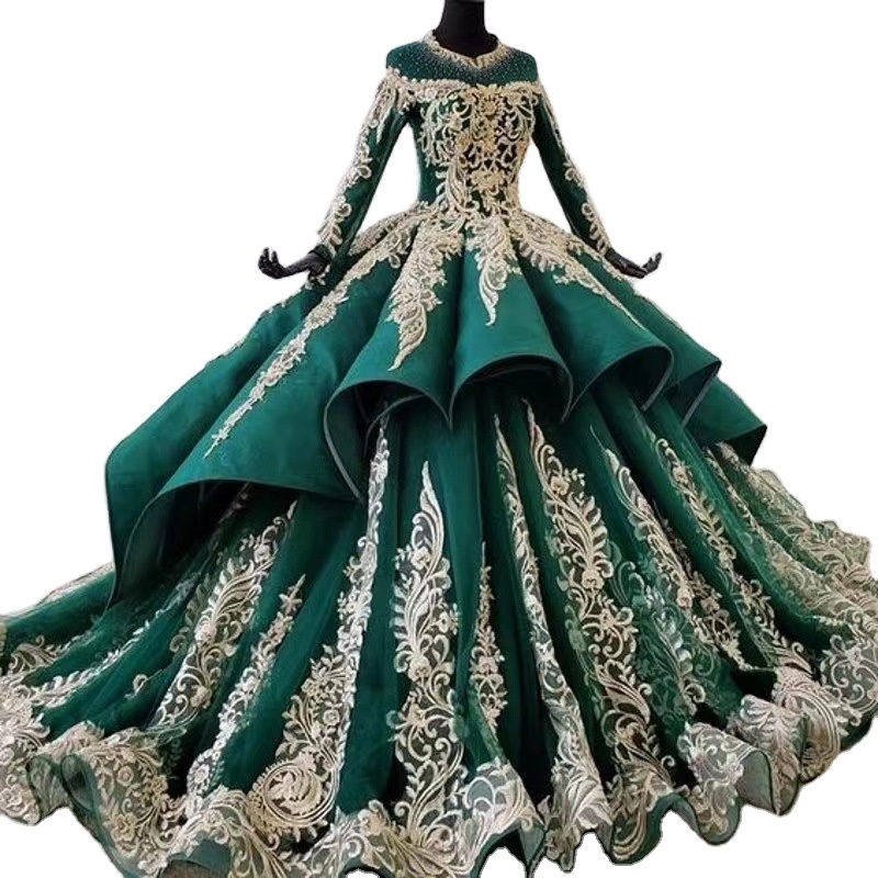 green emerald velvet dress Muslim Emerald Green Juliet Sleeve Bridal Henna Ball Gown 44 main image 0