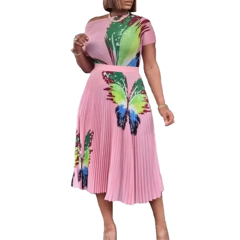 D298 Latest Design Women Summer Clothes 2022 Two Piece Set Butterfly Printed Top and Pleated Skirt Sets women 2 Piece Outfits