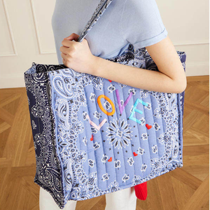 <span class=keywords><strong>Borsa</strong></span> Tote Trapuntata Paisley con Ricamo Colorato a Lettere, <span class=keywords><strong>Borsa</strong></span> a Spalla Reversibile in Cotone Stampato per Spiaggia e Shopping - Product Image 3