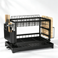 Égouttoir à vaisselle noir en acier inoxydable à 2 niveaux pour assiettes, tasses, couteaux et planches à découper – Vente en gros
