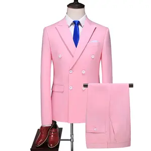 Traje de negocios ajustado para hombre, conjunto de tres piezas, chaqueta, chaleco, pantalones, trajes de trabajo, color rosa, Verano