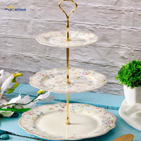 Assiette à dîner en porcelaine fine New Bone China, motif vague, support à gâteau en métal à 3 niveaux, personnalisable, doré, luxe, pour mariage, hôtel, résistant à la rouille