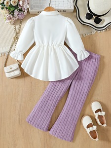 Camicetta in pizzo da donna in maglia da ragazza con <span class=keywords><strong>pantaloni</strong></span> a righe morbide, abito viola, elegante con maniche a balze, <span class=keywords><strong>pantaloni</strong></span> a zampa per bambini - Product Image 6