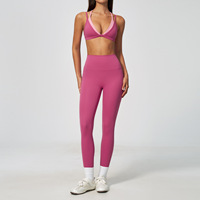 Logo Kustom Grosir Set Yoga 2 Potong Wanita Warna Kontras Sport Bra Legging Pinggang Tinggi Bahan Bernapas Set Olahraga Fitness Gym
