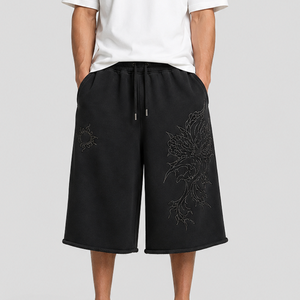 Shorts longs pour homme en coton, coupe ample, <span class=keywords><strong>d</strong></span>élavé à l'acide, style streetwear, avec broderie et impression, personnalisables OEM - Product Image 1
