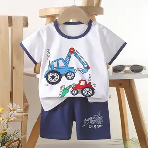 Setelan pakaian butik anak bayi, setelan 2 potong baju katun lengan pendek + celana pendek, set pakaian musim panas untuk anak bayi balita