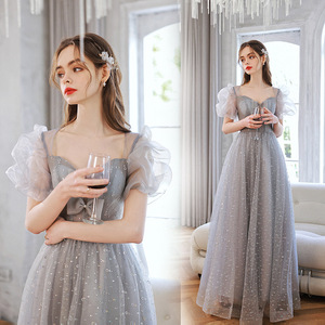 Grey Puff Sleeve Evening Gown Sweetheart Neckline Empire Waist Ruffles Performance Wedding Dress - Product Image 1