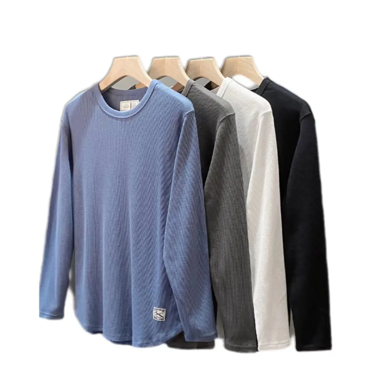 Blank Waffle Woven Cotton Tee Long Sleeve Men's Oversized Square Tee Plain Loose Fit Tee