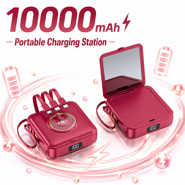 OEM 10000mAh Makeup Mirror Power Bank with Built-in Cable LED Display Custom Gift Packaging
