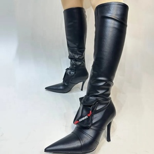 Women Thin High Heel Long Booties Sexy Point Toe Party Knee High Denim Boots Double Pockets Sewing Zipper <b>Shoes</b> - Product Image 3