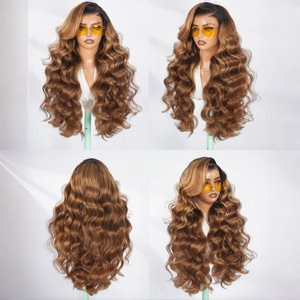 Parrucca Sintetica Glueless con Onde Morbide e Riflessi Biondi, Effetto Ombré, in Fibra Resistente al Calore, con Rete Frontale in Pizzo, per Donna - Product Image 3