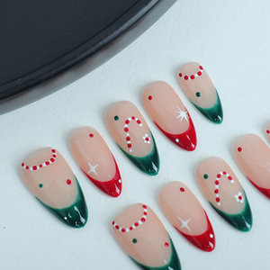 Móng tay nhân tạo thủ công với phong cách kẹo Pháp màu đỏ và xanh lá cây, móng tay có thể tái sử dụng chất lượng cao. - Product Image 2