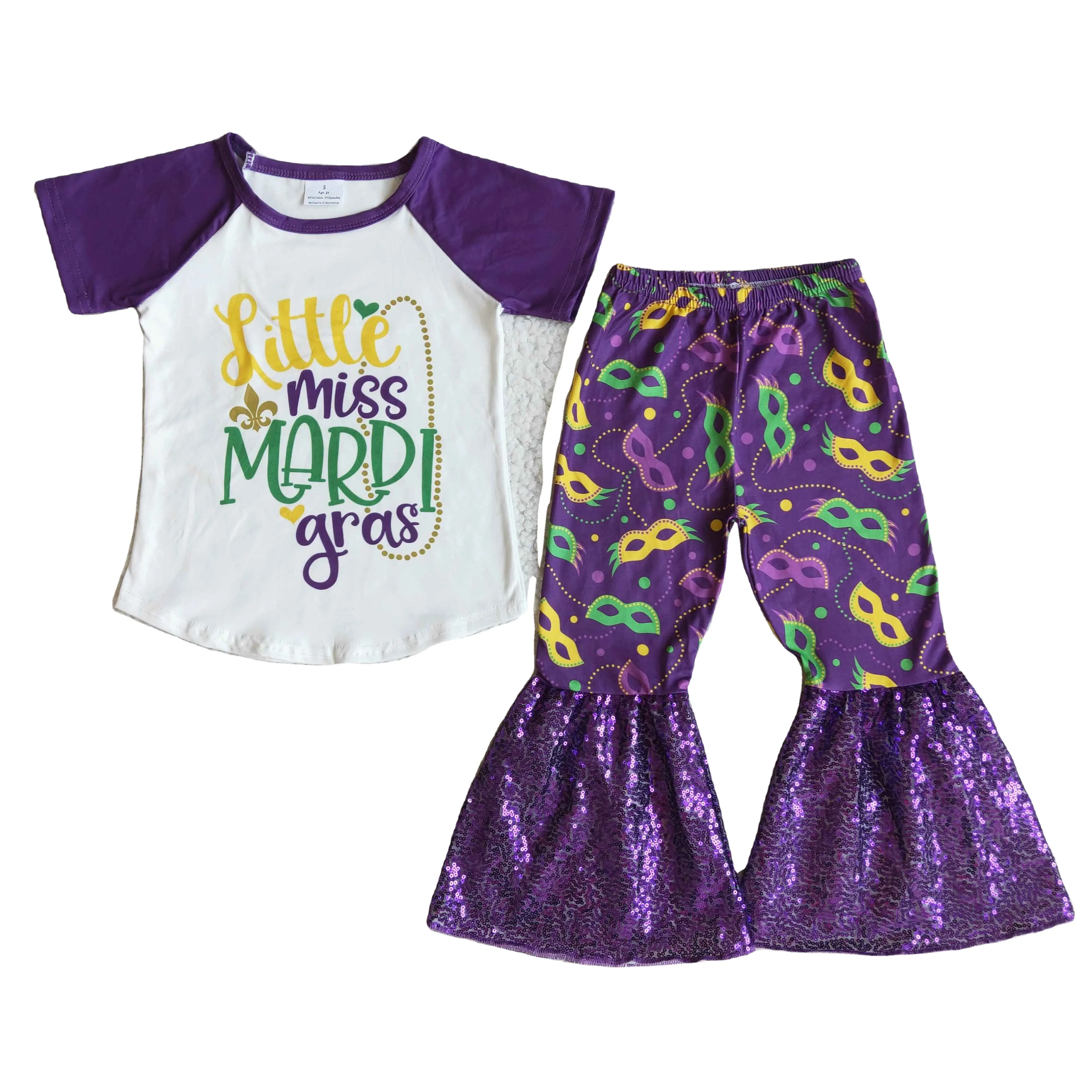 wholesale girl Carnival outfit short sleeve bell bottom sequins pants purple set children fall outfit girls set kid clothing
