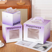 Boîte à gâteau portable avec poignée, dégradé violet et blanc, fenêtre transparente, motif joyeux, boîte d'emballage carrée pour gâteau à la crème animaux