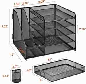 5-Tier Paper Letter Tray Organizer with <b>File</b> Holder - Desk Organizer with <b>Drawer</b> and Pen Holders Metal Mesh Desk Organizer - Product Image 2