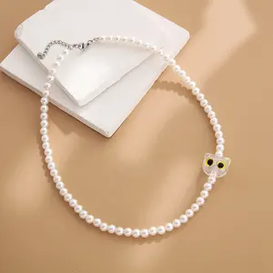 6mm Glass Pearl Beaded Necklace Stylish Cute AB Colorful Cat Charms Necklace Imitation Pearl Women's Jewelry Birthday Party Gift