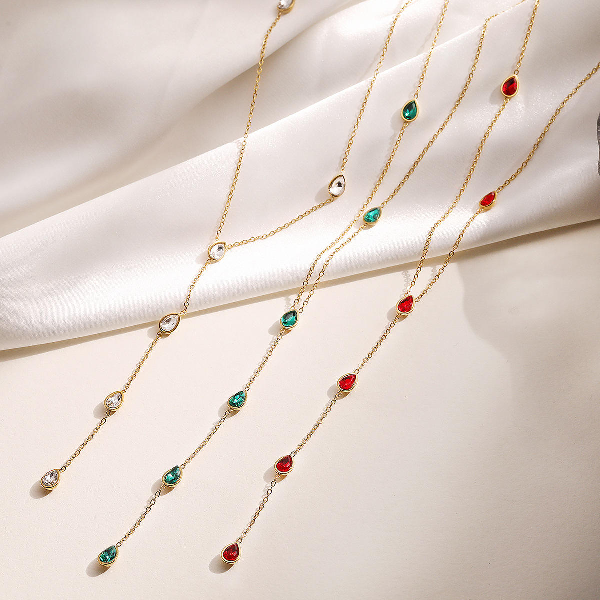 New Trendy Luxury 18K Gold Plated Zircon Inlaid Y-Shaped Stainless